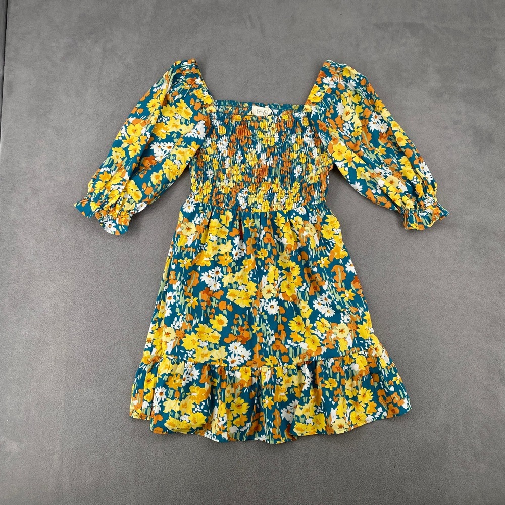 Jessica Simpson Floral Smocked Mini Dress Teal Yellow Orange Puff Sleeve Small